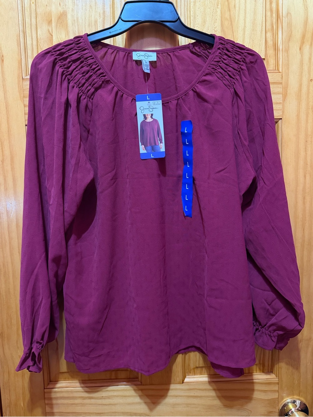 Jessica Simpson Burgundy Smocked Yoke Long Sleeve Blouse